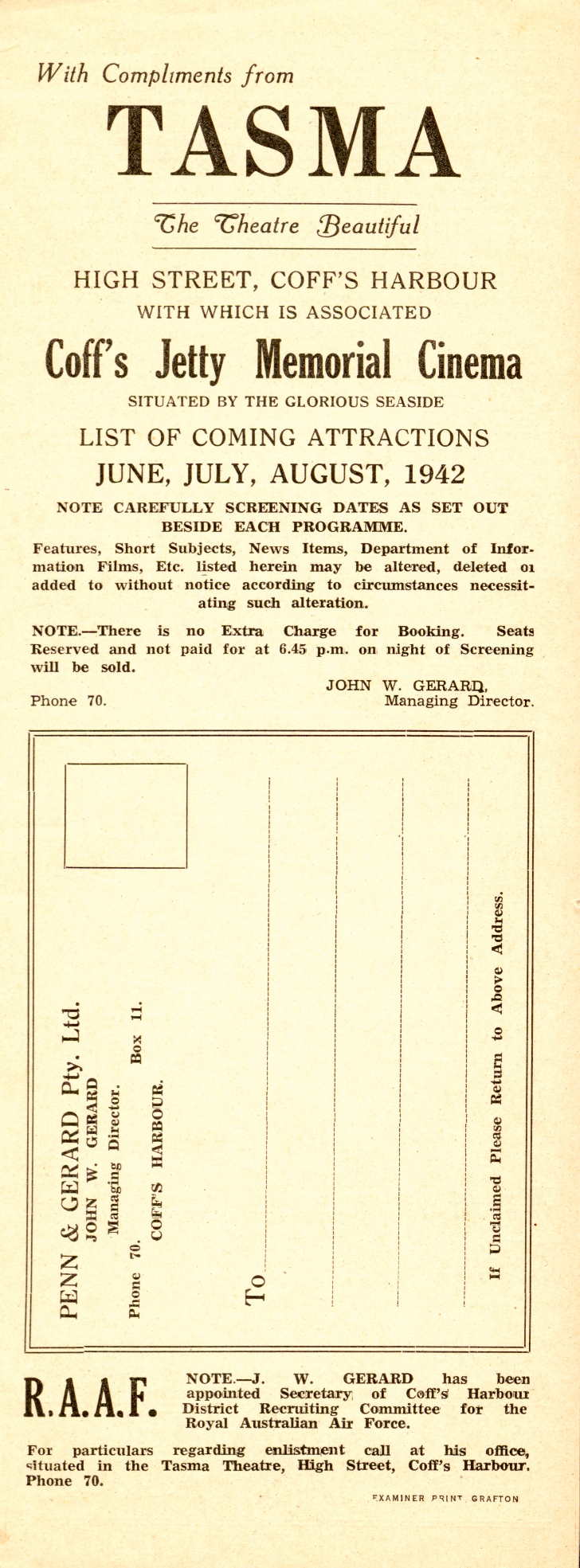 Tasma Theatre programme, June - August 1942