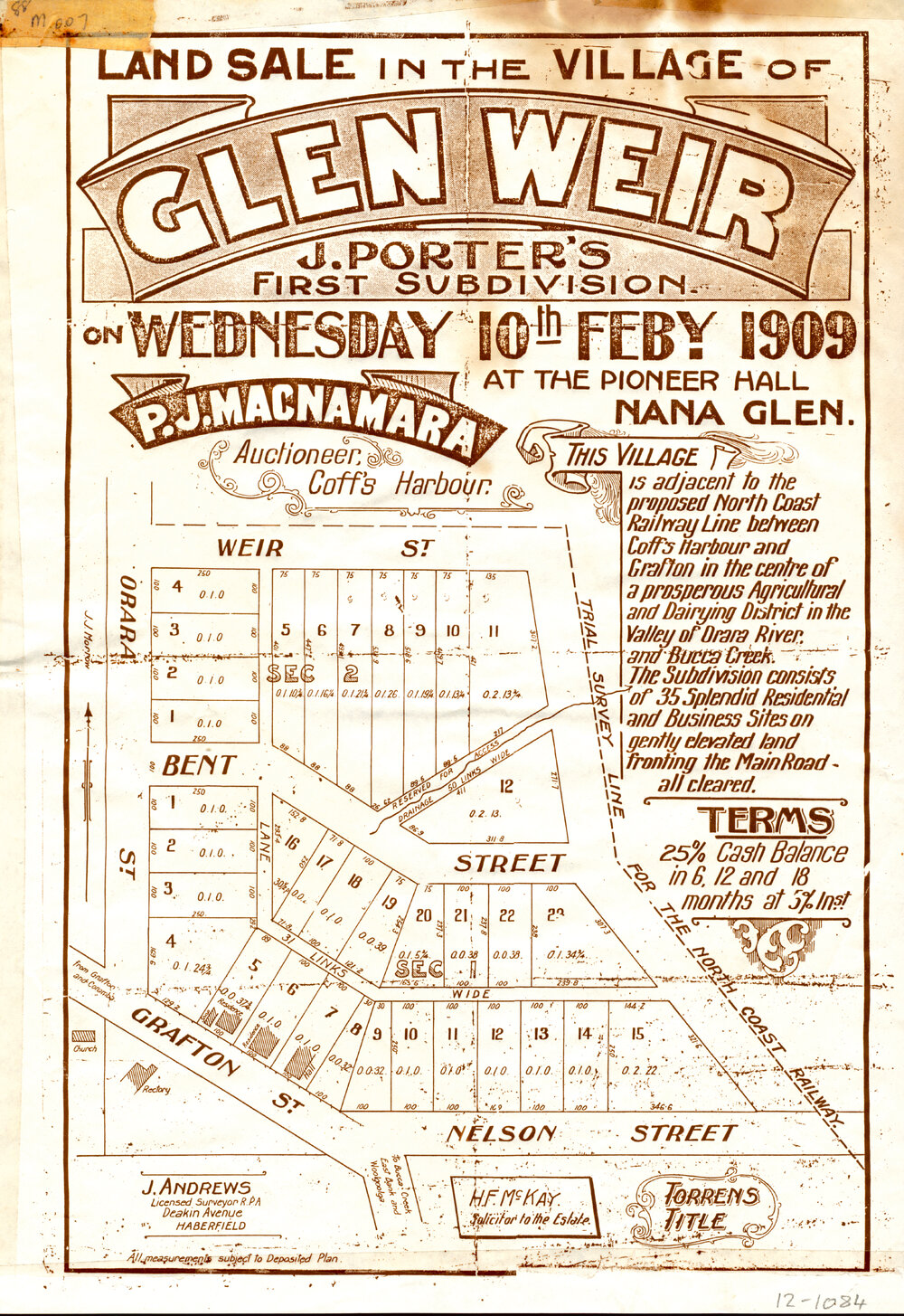 Land sale poster for Glen Weir, 10 February 1909