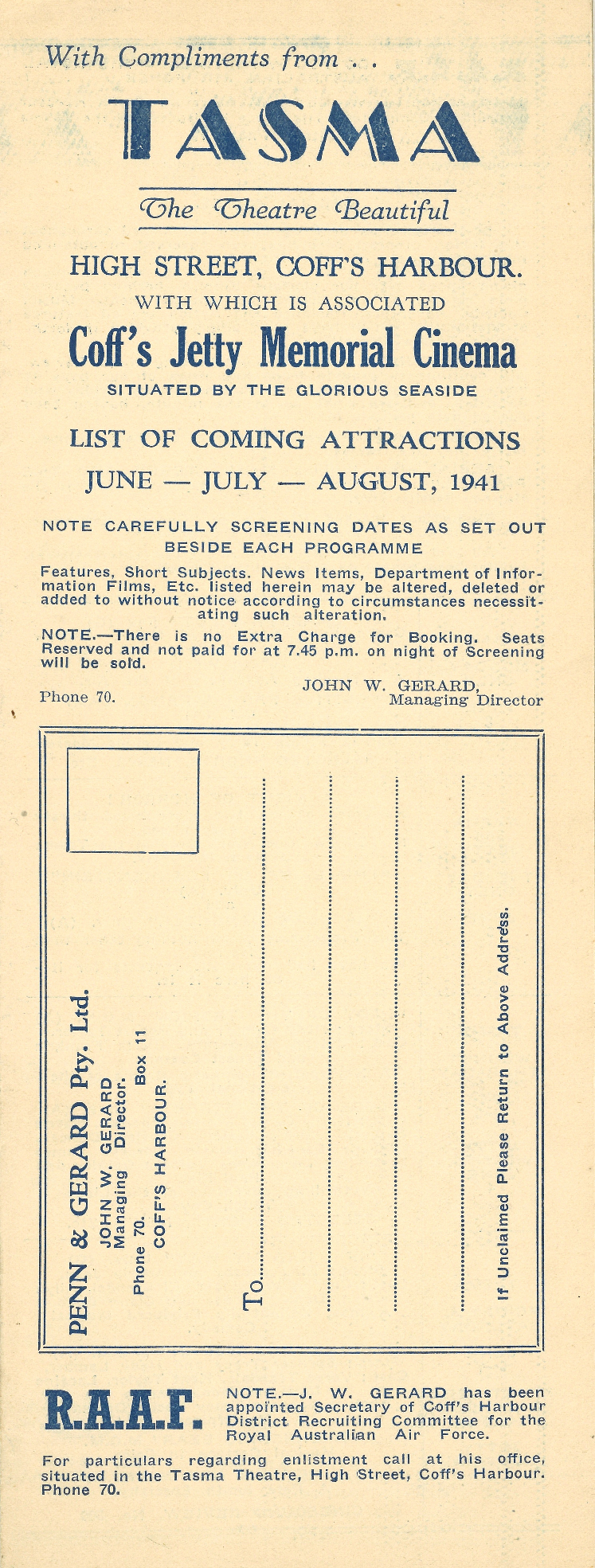 Tasma Theatre programme, June - August 1941