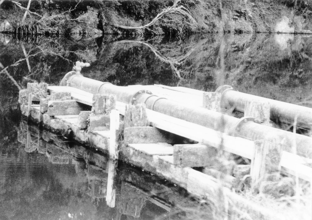 Dual intake pipes at O'Neill's farm "Avondale" on the Orara River, 31 July 1992