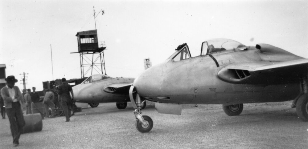 Two RAAF Vampire jets created interest on a visit to Coffs Harbour, July 1949