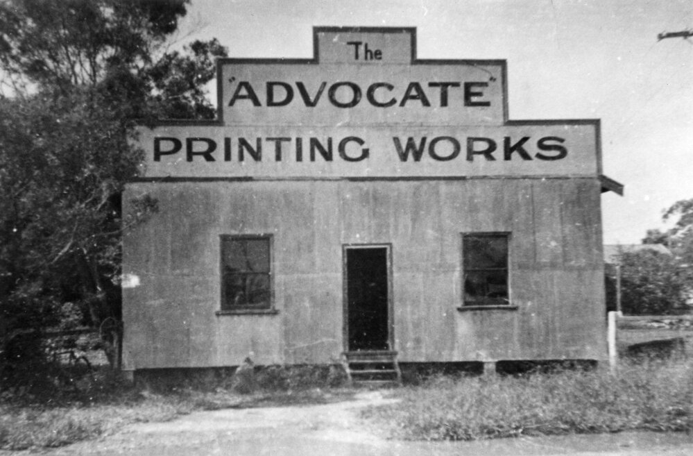 The Advocate premises on the south corner of Moonee and Scarba Streets, early 1950s