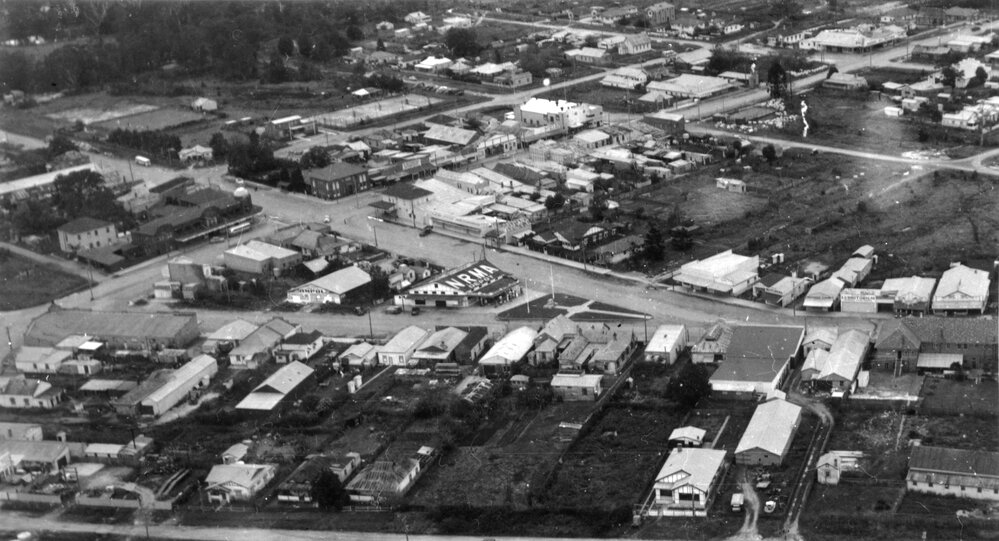 Aerial view of Coffs Harbour CBD, early 1950s