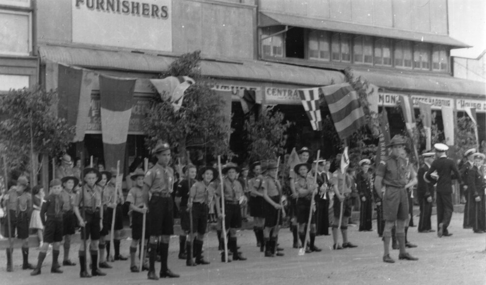 The Scouts on parade in High Street during the Governor's visit, 3 June 1950