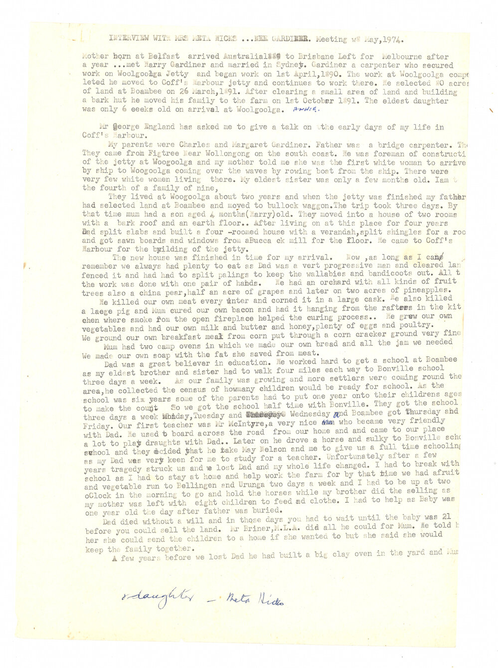 Transcript of an interview with Mrs Meta Hicks, 28 May 1974