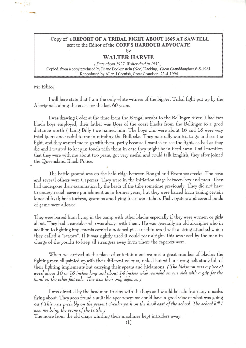 Report of a Tribal Fight about 1865 at Sawtell