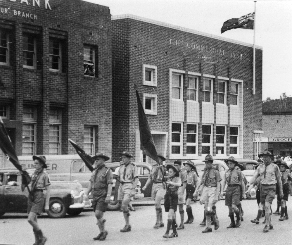 Boy Scouts march on Anzac Day, c.1956