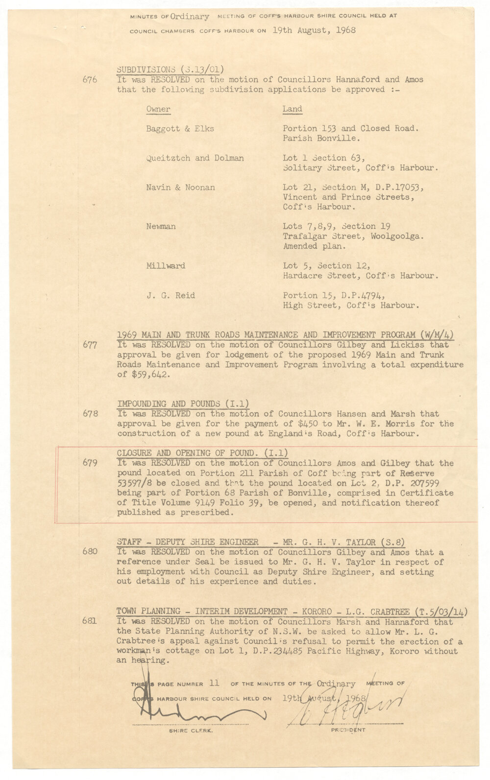 Notification of the Opening and Closing of the Pound, 19 August 1968