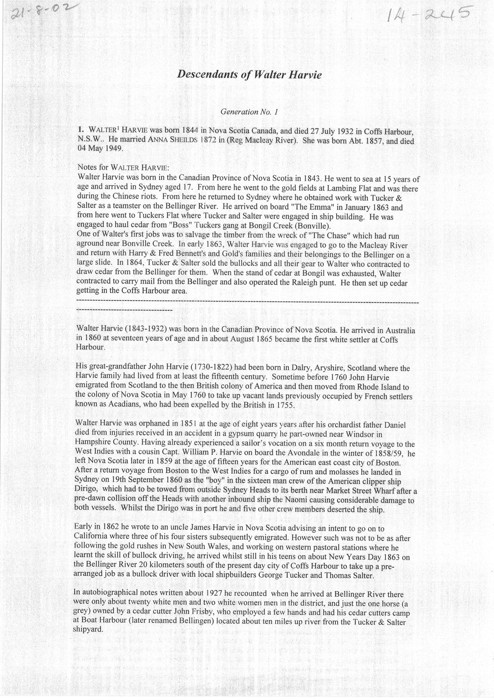 Descendants of Walter Harvie