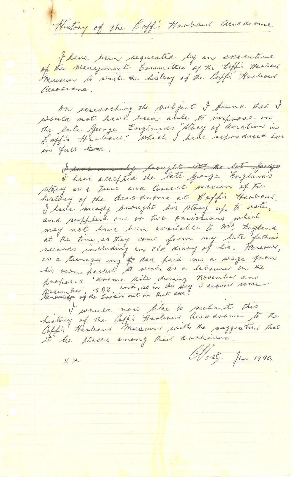 History of the Coffs Harbour Aerodrome (draft), January 1990