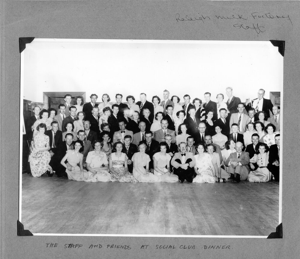 Staff of the Raleigh Milk factory at their Co-optimists Social Club dinner, early 1950s