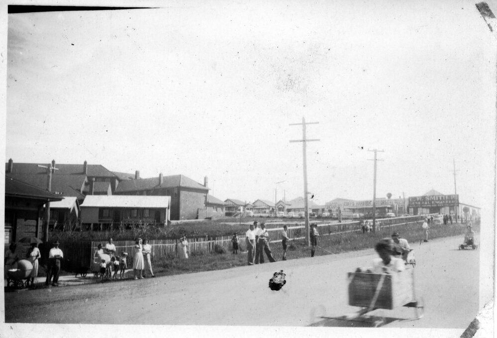 The Billy Cart Derby passes the Coffs Harbour High School, 21 October 1950