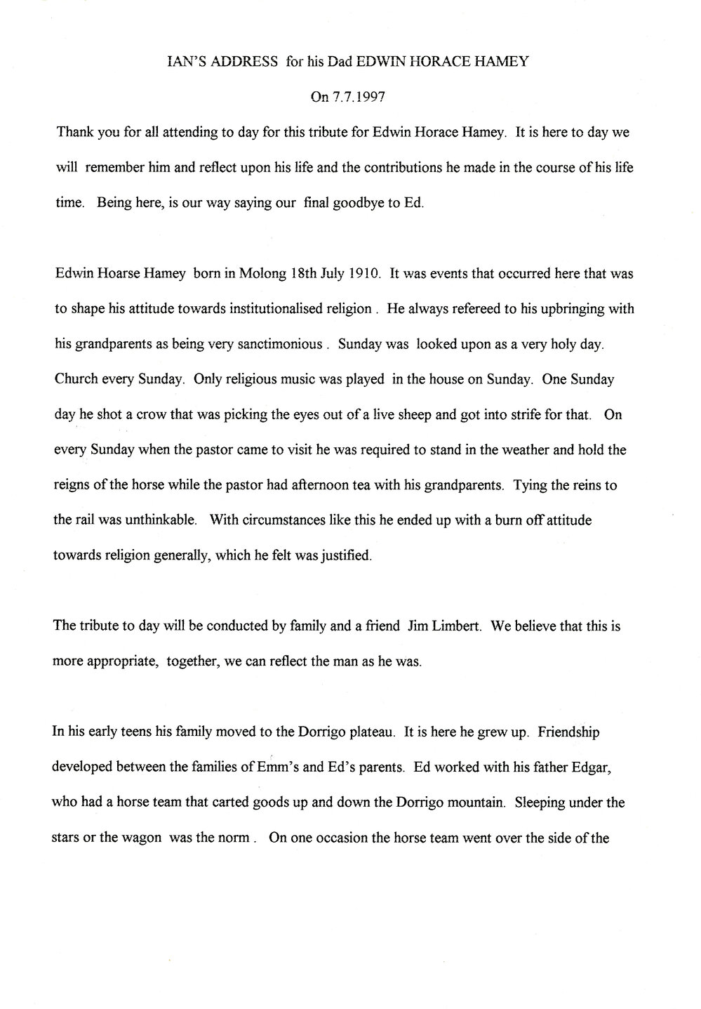 Eulogy to Edwin Horace Hamey, 7 July 1997