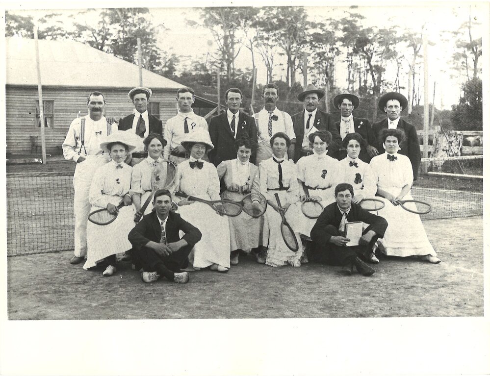 Group of tennis players at Jarrett's tennis court, Coffs Harbour, 1904 