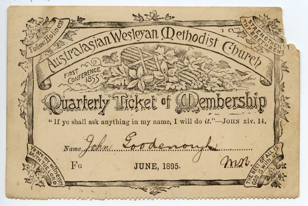 Australasian Wesleyan Methodist Church Quarterly ticket, June 1895