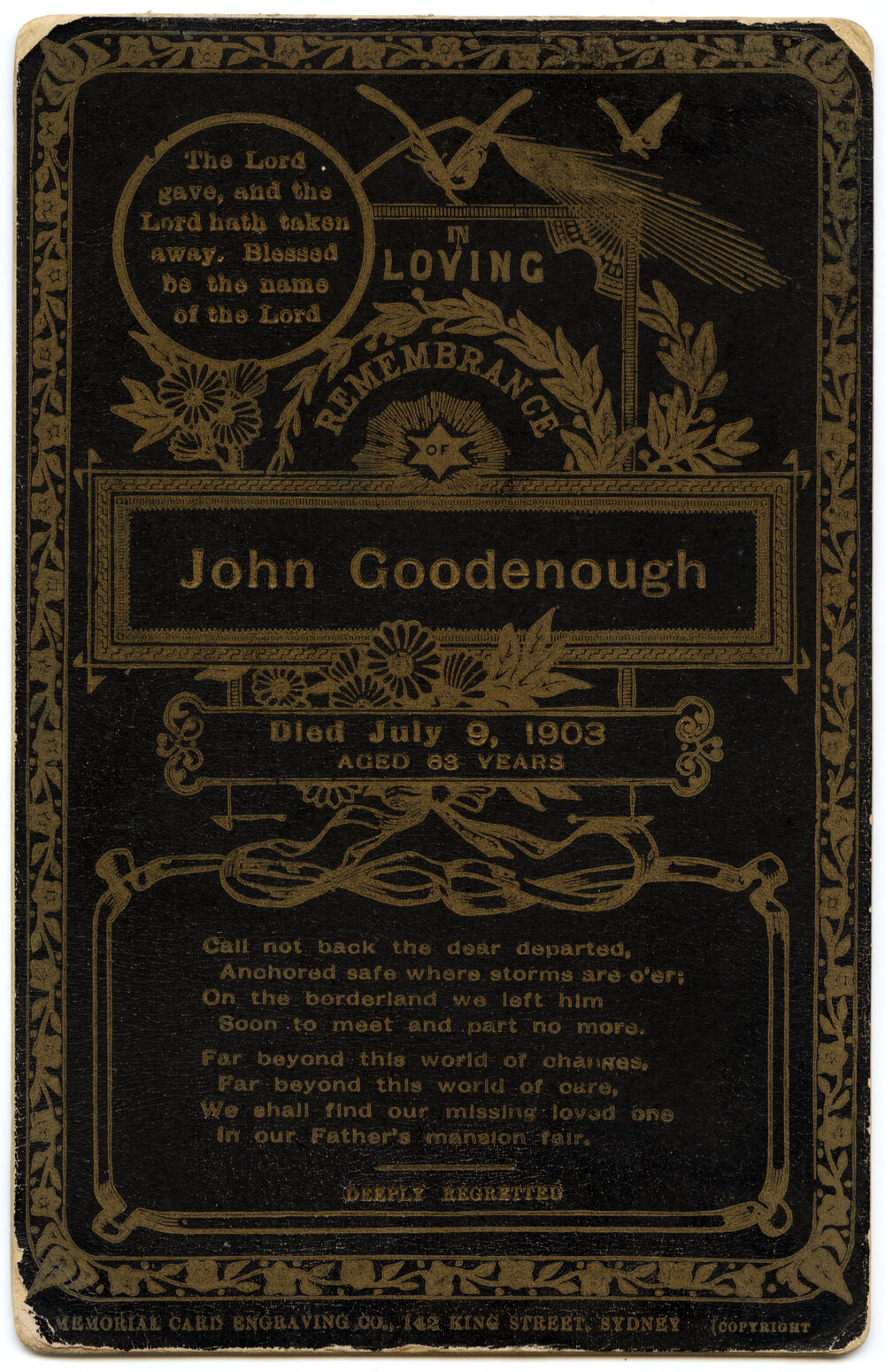 Mourning Card for John Goodenough, 9 July 1903