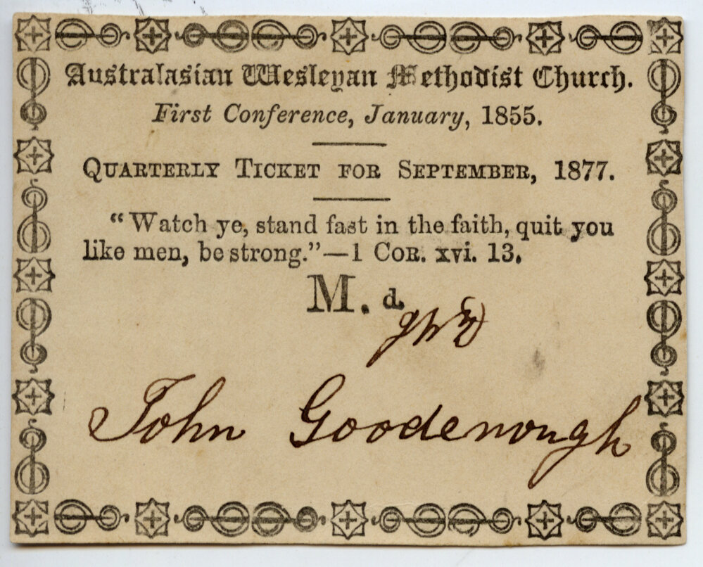Australasian Wesleyan Methodist Church Quarterly ticket, September 1887