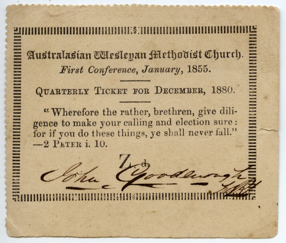 Australasian Methodist Church Quarterly ticket, December 1880