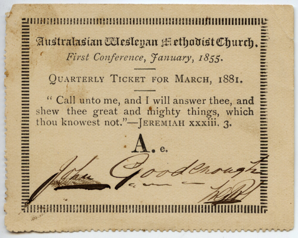 Australasian Wesleyan Methodist Church Quarterly ticket, March 1881