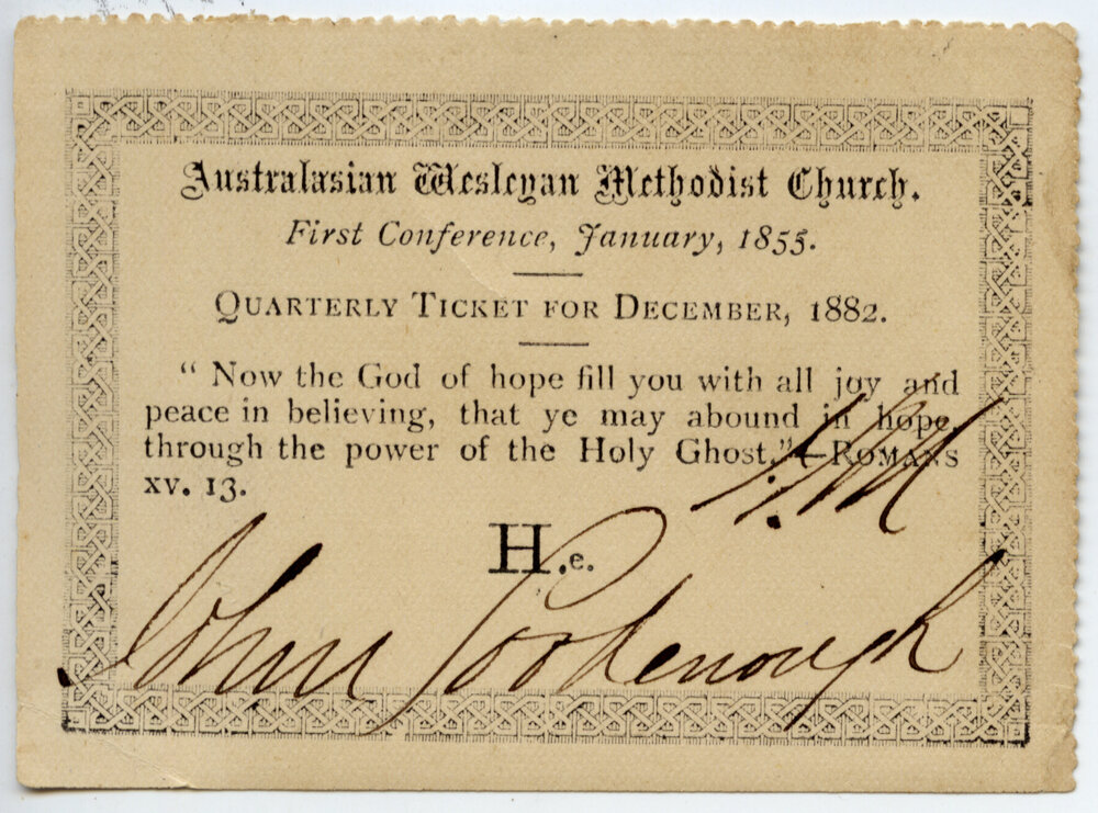 Australasian Wesleyan Methodist Church Quarterly ticket, December 1882