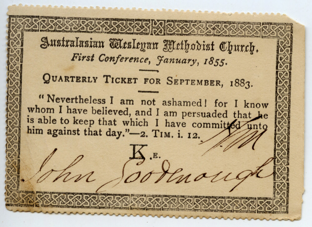 Australasian Wesleyan Methodist Church Quarterly ticket, September 1883