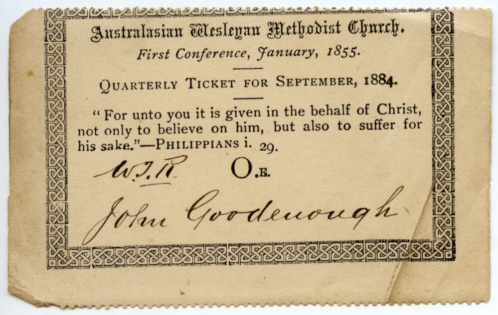 Australasian Methodist Church Quarterly Ticket, September 1884