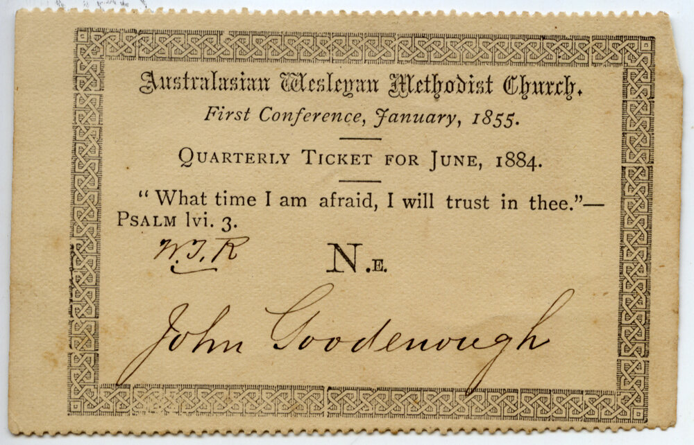 Australasian Wesleyan Methodist Church Quarterly ticket, June 1884