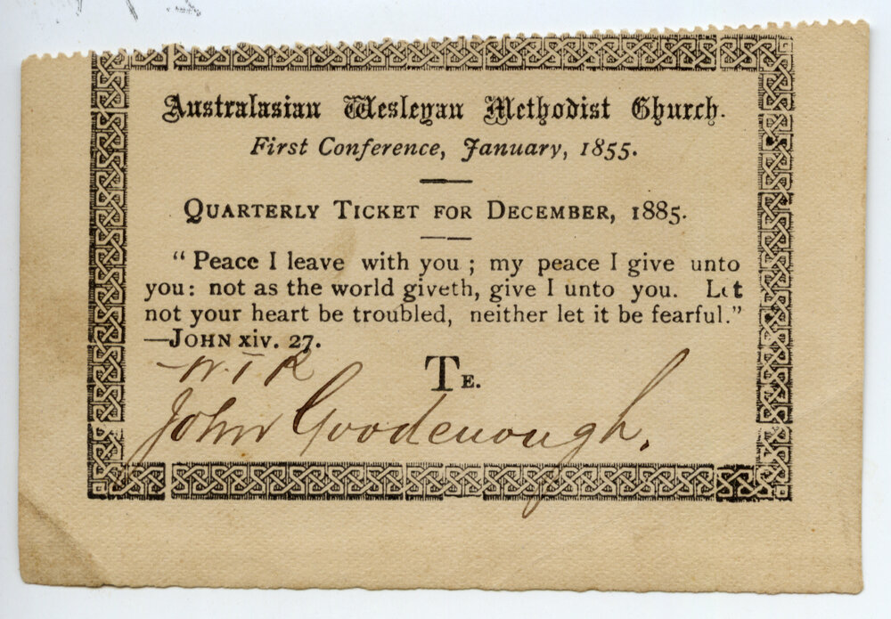 Australasian Wesleyan Methodist Church Quarterly ticket, December 1885