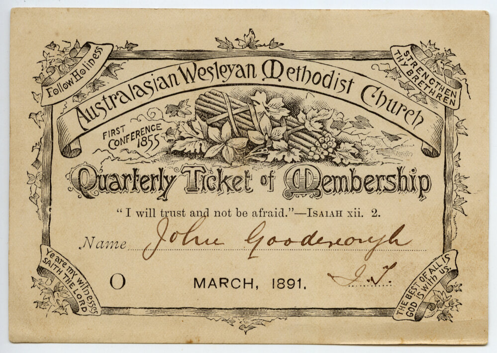 Australasian Wesleyan Methodist Church Quarterly ticket, March 1891