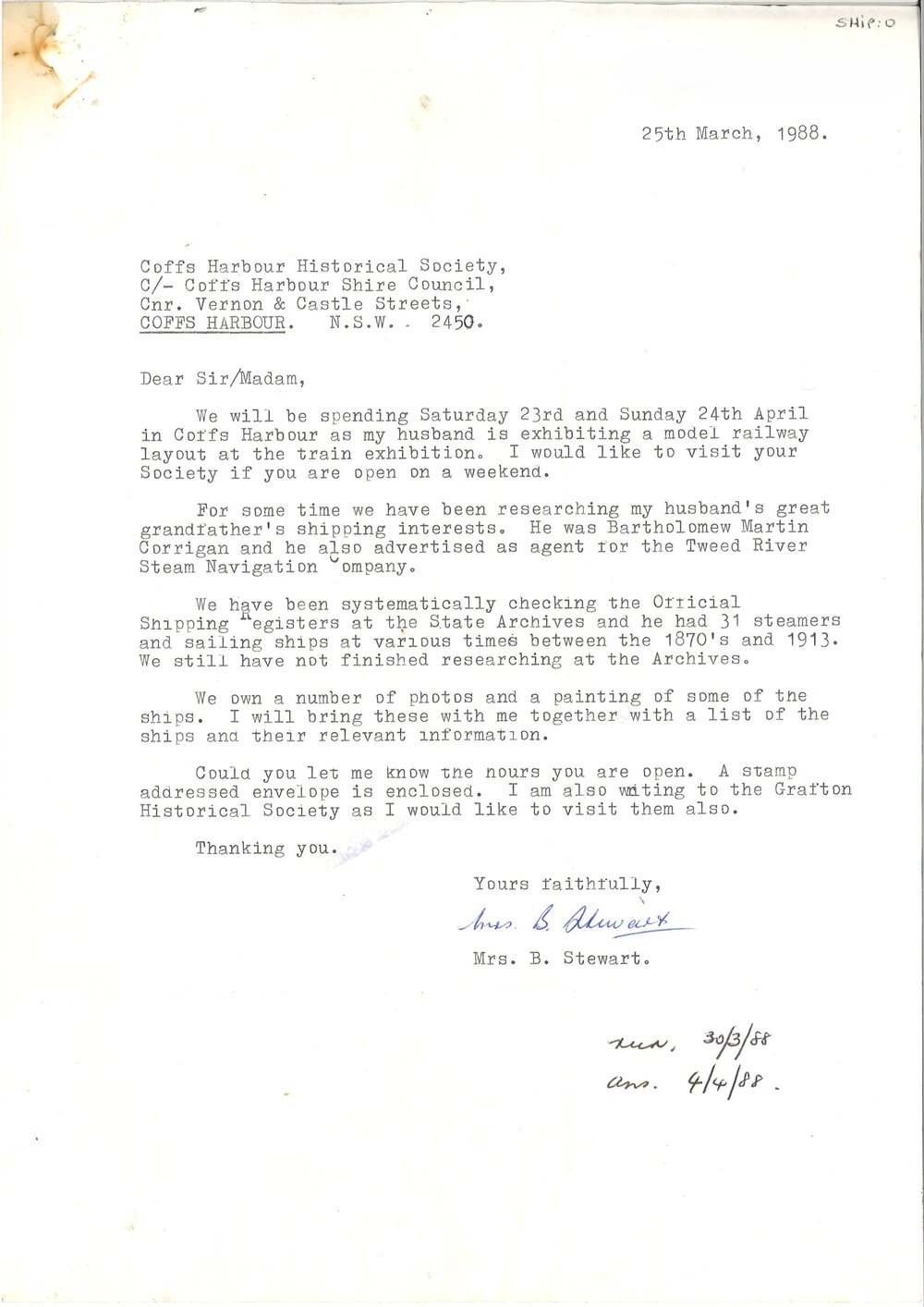 Correspondence relating to B.M. Corrigan's shipping business