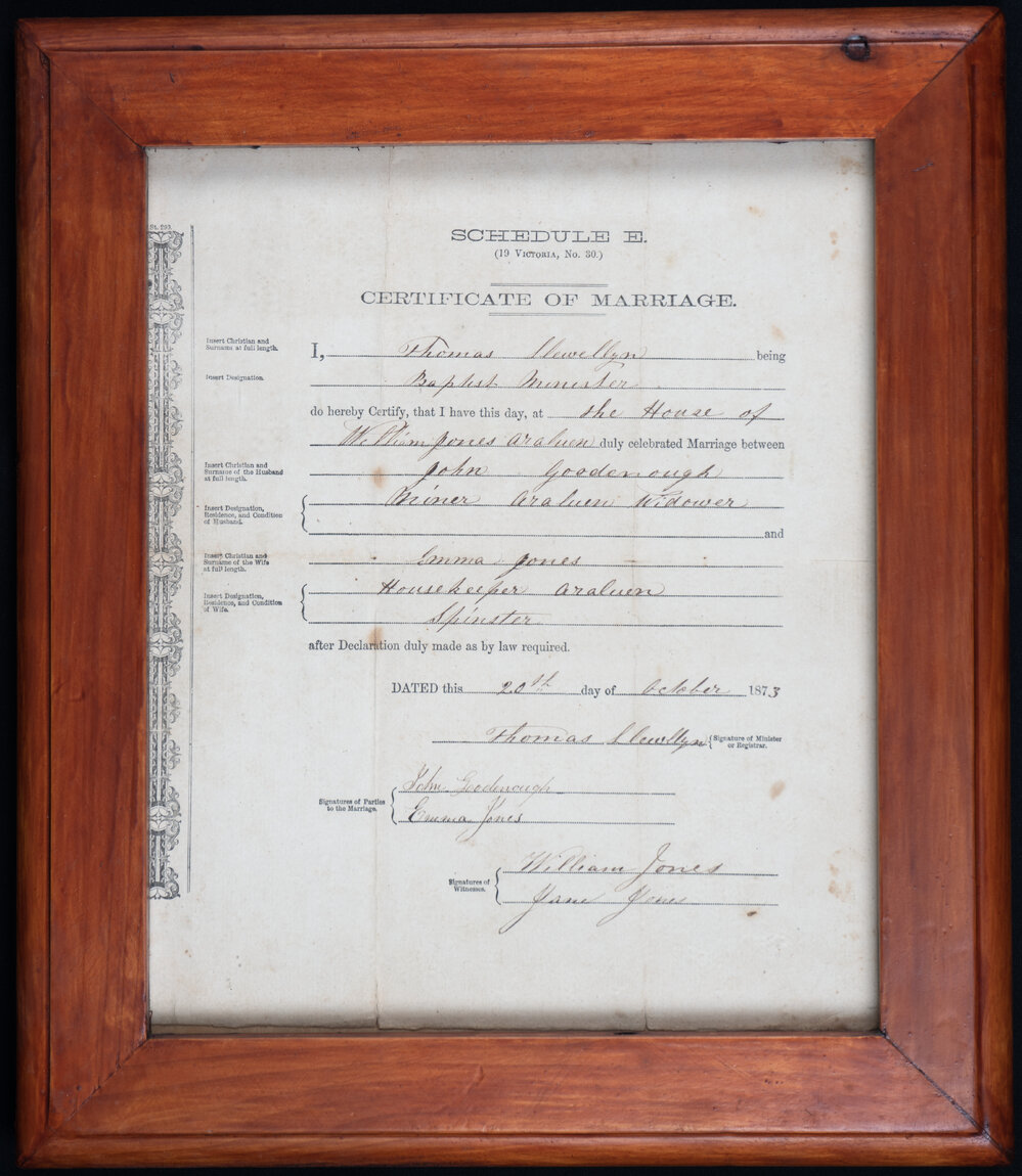 Marriage Certificate for John &amp; Emma Goodenough, 20 October 1873
