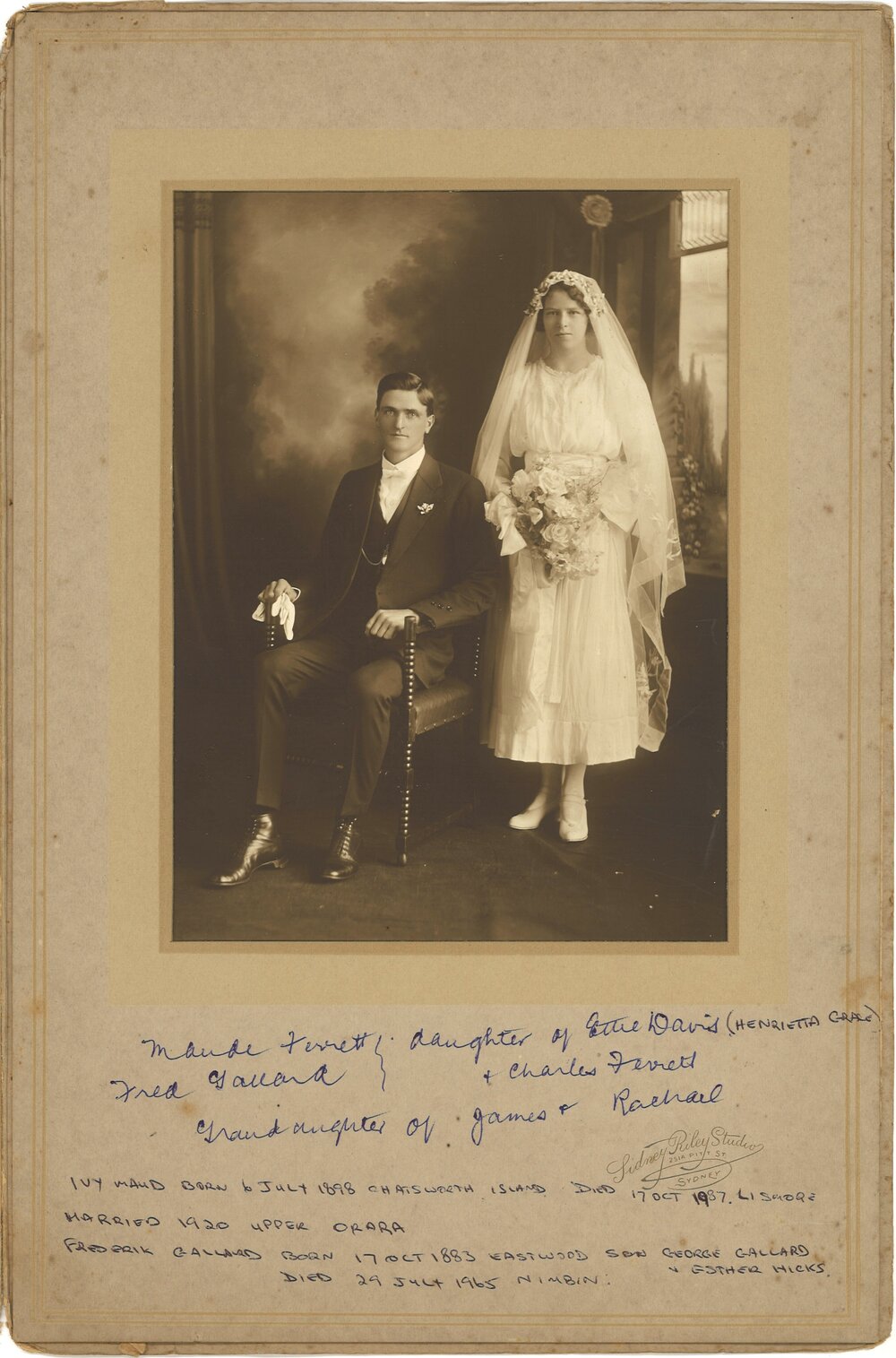 Wedding portrait of Fred Gallard and Maud Ferrett, 1920