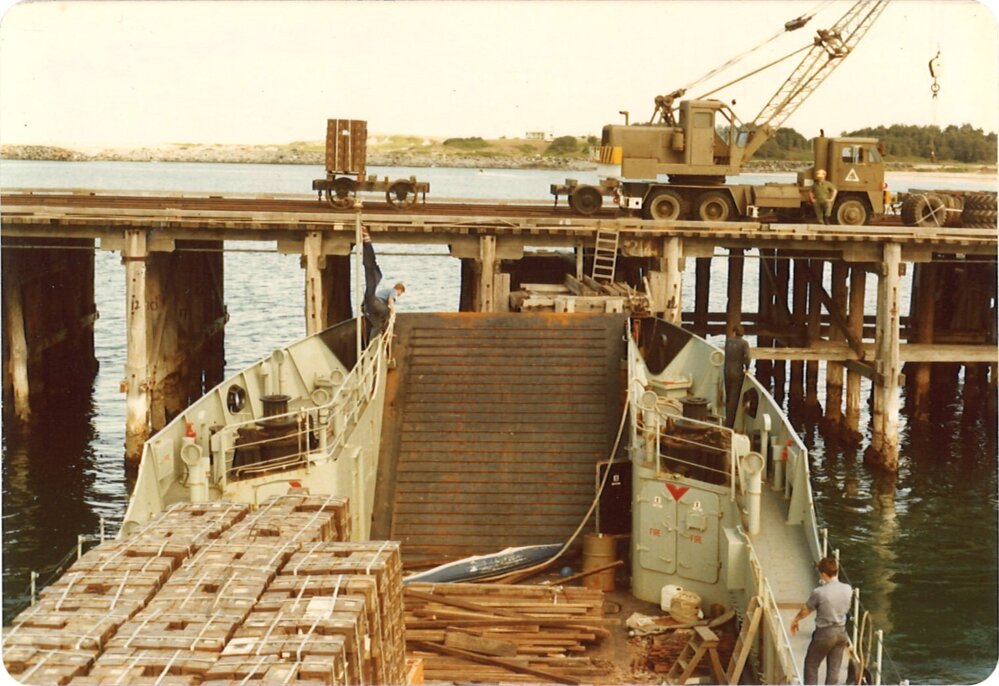 Naval landing vessel moored at Coffs Harbour Jetty, 1970s