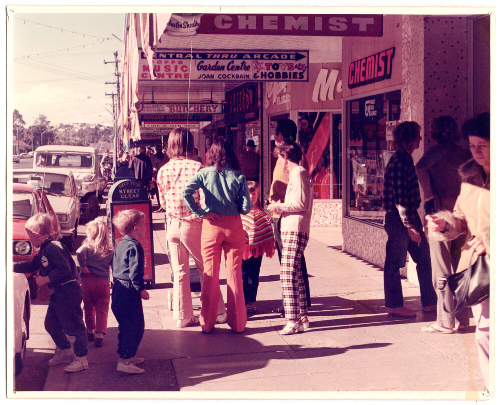 People on footpath, High Street, Coffs Harbour, c. 1980s