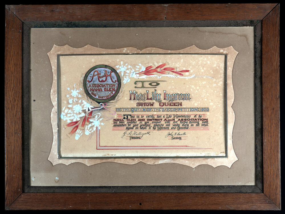 Nana Glen Show Queen Certificate, 1929