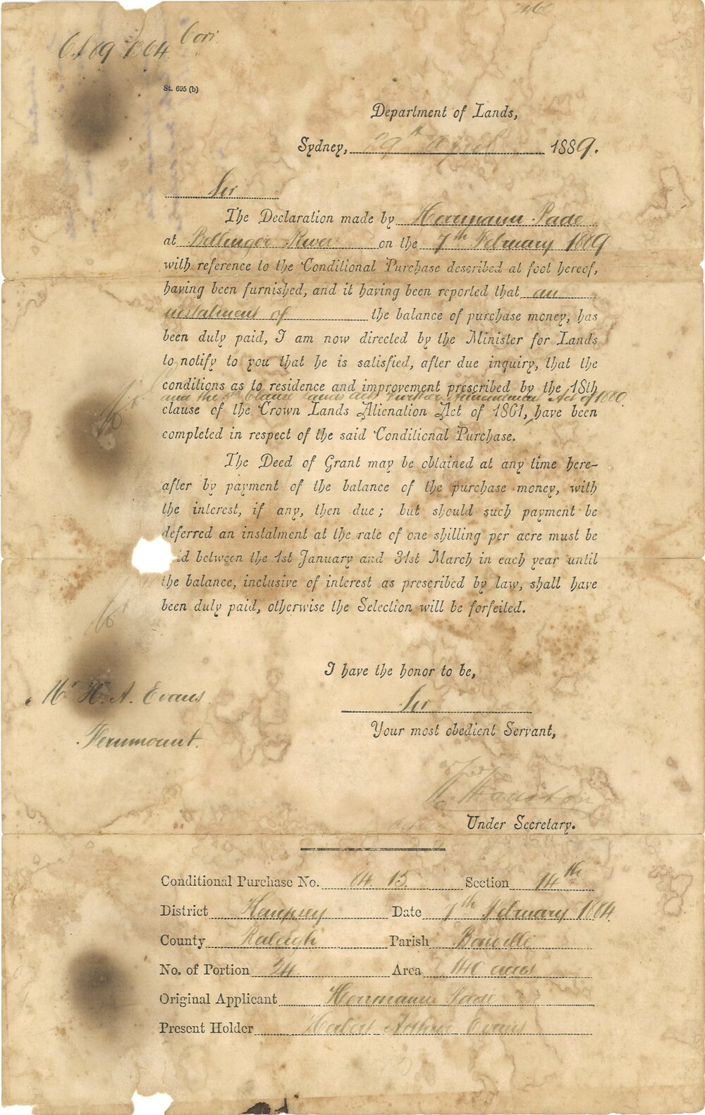 Conditional Purchase of Property Application, 1889