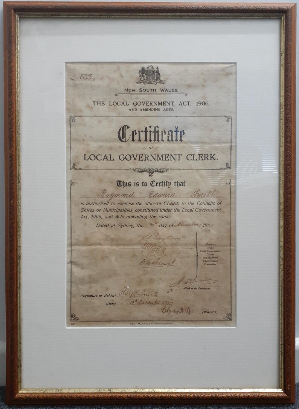 Certificate as Local Government Clerk, 1927