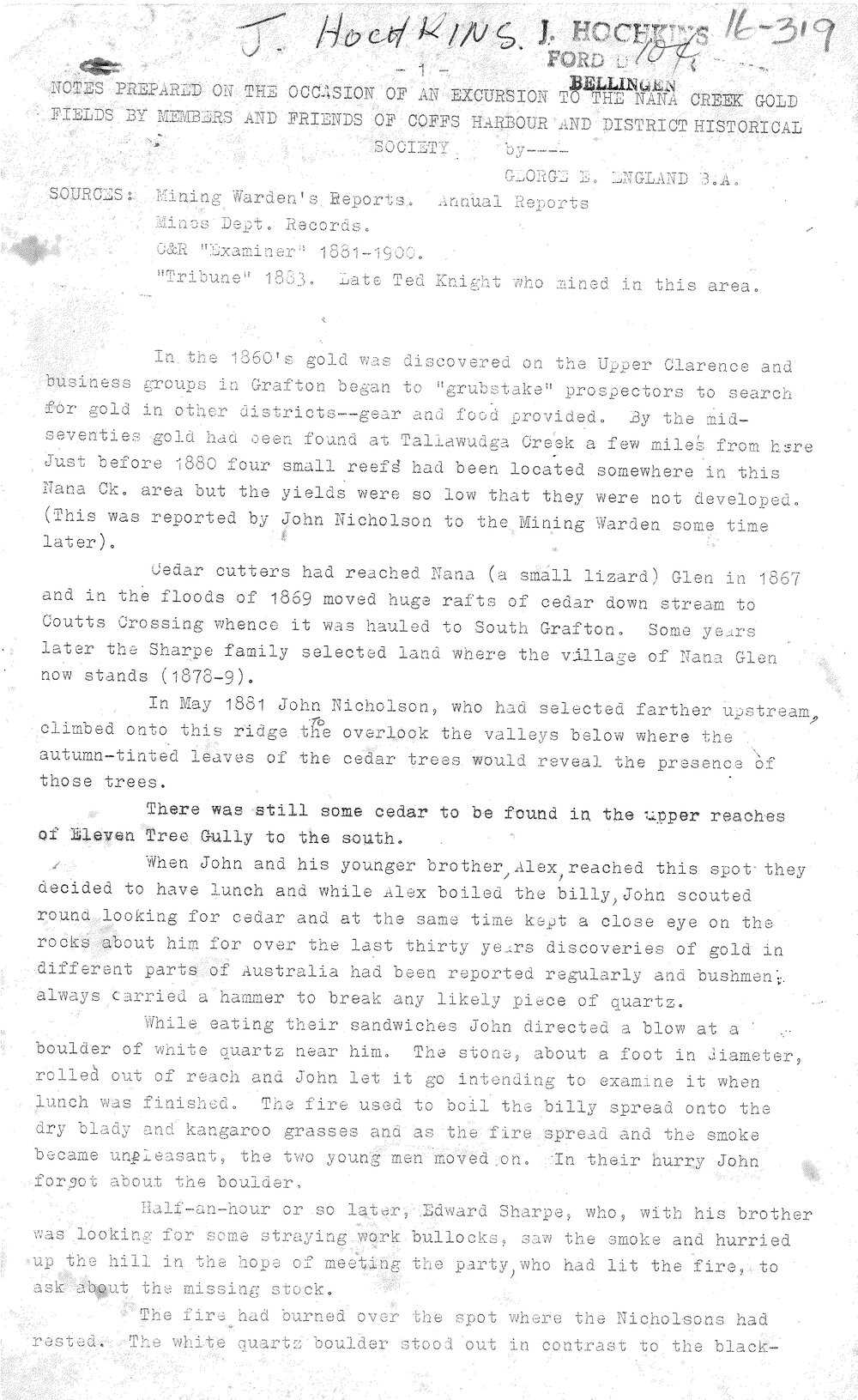 Notes of an excursion to the Nana Creek gold fields by the Coffs Harbour and District Historical Society