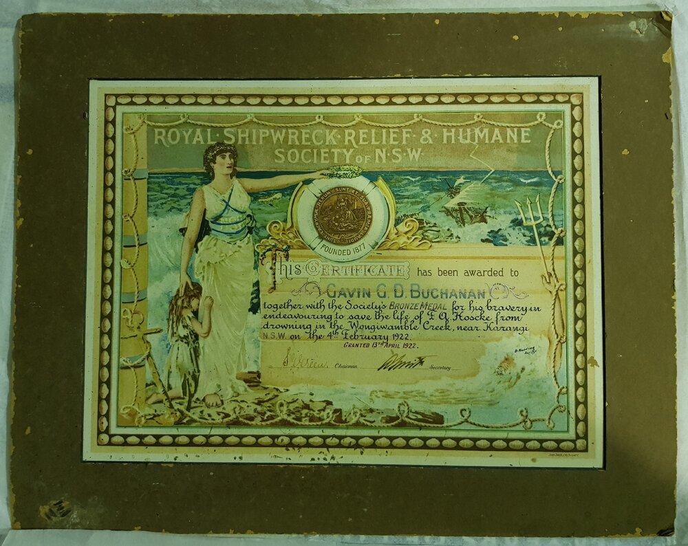 Royal Shipwreck, Relief and Humane Society of NSW certificate