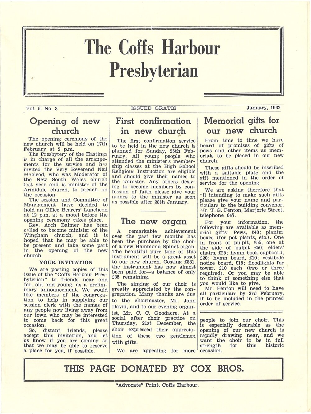 The Coffs Harbour Presbyterian newsletter Vol 6 No 8