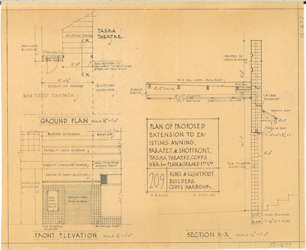 Plan of extension to Tasma Theatre shopfront, 1962