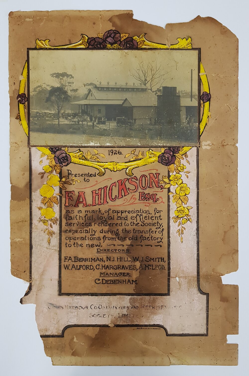 Certificate from Coffs Harbour Co-op Dairying &amp; Refrigerating Society, 1926