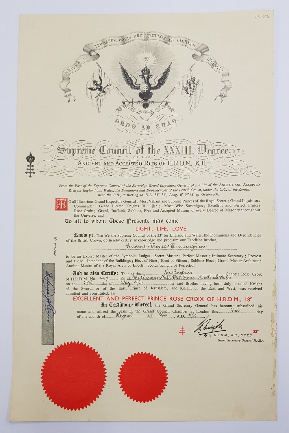 Freemason Certificate, 1960