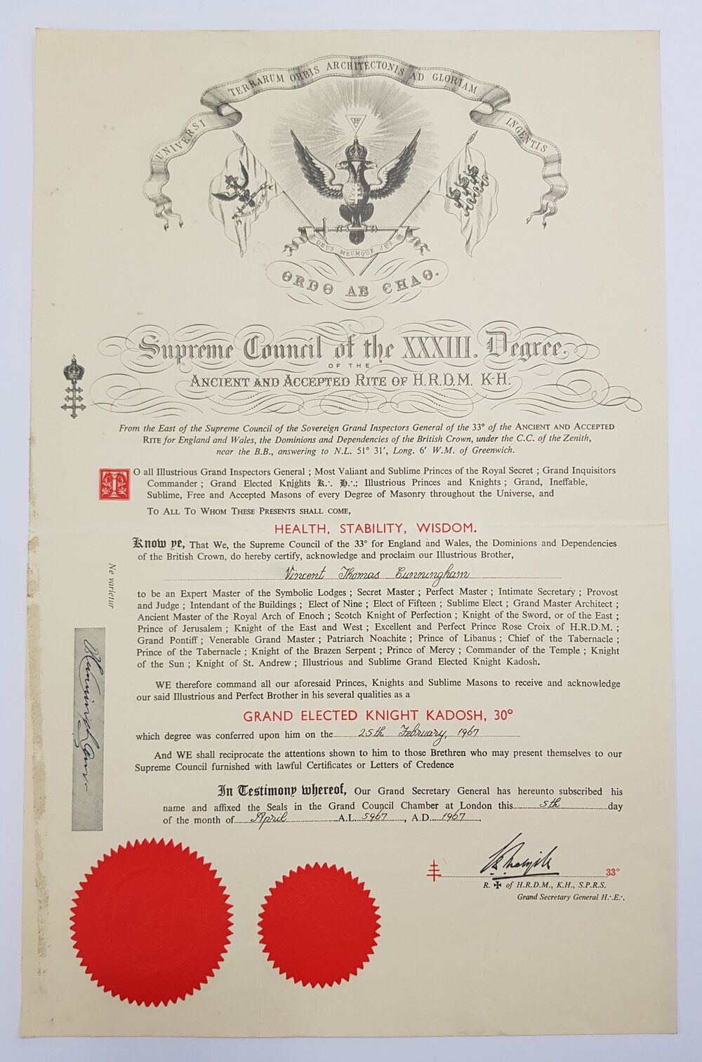 Freemason Certificate, 1967