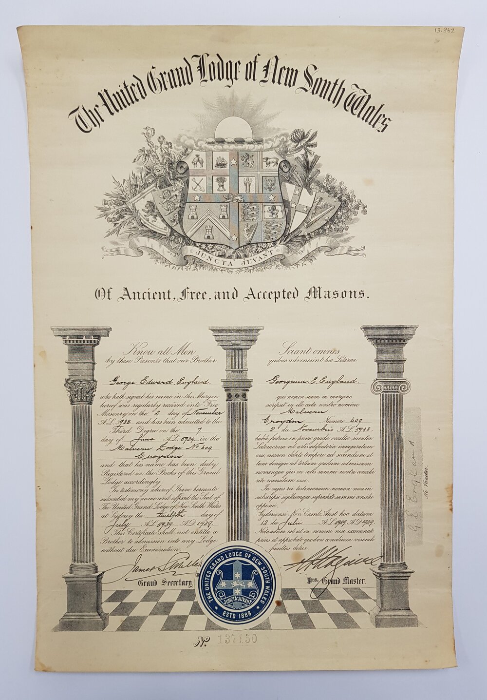 Certificate, Admission to Freemasons, 1939