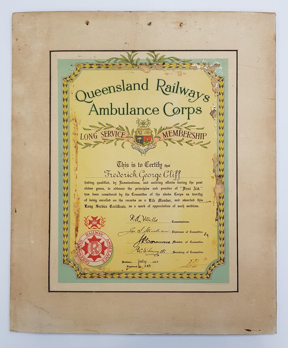Queensland Railway Ambulance Long Service Certificate