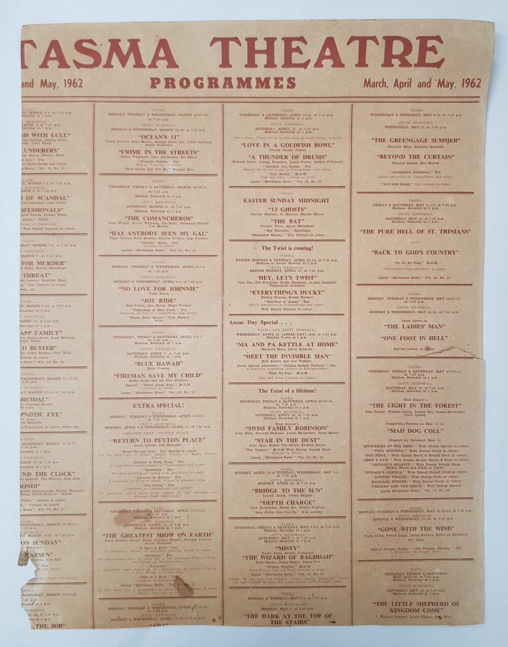 Tasma Theatre program, March to May 1962