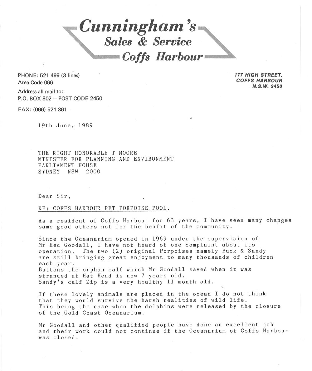 Letter of support for Pet Porpoise Pool, 1989
