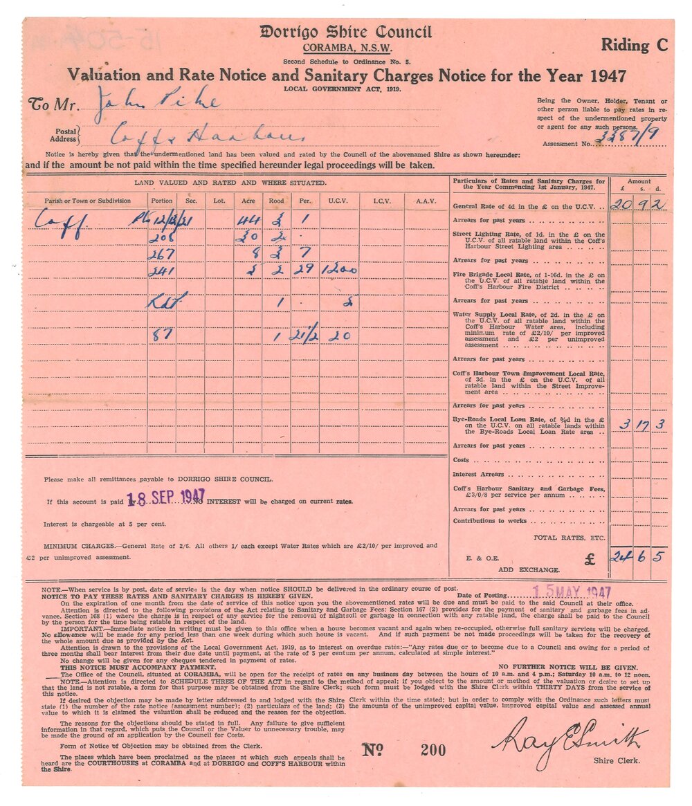 Rates document and receipt, 1947
