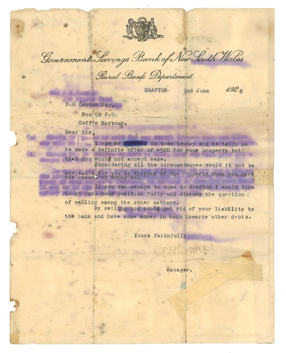 Bank advice to a client, 1928